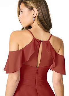 Azazie Dakota Vestidos de damas de honor Vestido de Terracota de Gasa de Corte en A con Cuello en V plisado image8