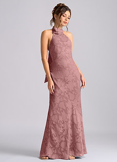 Azazie Velli Vestidos de damas de honor Vestido de Rosa Polvorienta de Devorado Floral de Corte Sirena con Cuello Alto image5