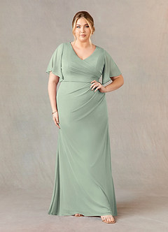 Azazie Selah Final Sale Dusty Sage A-Line V-Neck ruched Mesh Dress image6
