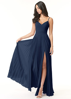 Azazie Vini Bridesmaid Dresses Dark Navy A-Line V-Neck Pleated Chiffon Dress image1