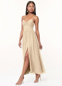 Azazie Zeya Bridesmaid Dresses Champagne A-Line Pleated Chiffon Dress image2