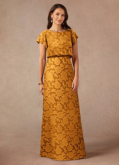Azazie Lehi Mother of the Bride Dresses Butterscotch A-Line Boatneck Floral Burnout Dress image3