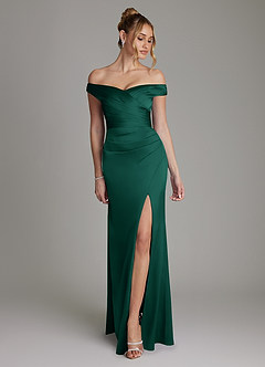 Azazie Teyana Bridesmaid Dresses Emerald Sheath Off the Shoulder Stretch Satin Dress image1