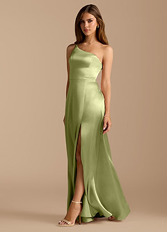 Azazie Trina Bridesmaid Dresses Pistachio A-Line One Shoulder Metallic Satin Dress image1