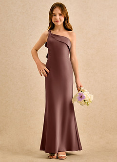 Azazie Almond Girls Formal Blumenmädchenkleider Etui One-Shoulder Stretch-Satin Kleid Espresso image4