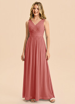 Azazie Kora Junior Abito A-Line in Chiffon Plissettato Rosa Antica image5