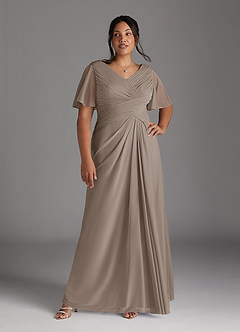 Azazie Emmeline Mère de la mariée Robes Robe Trapèze en Maille Col V plissé Taupe image3