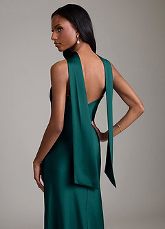 Azazie Cassiana Jurken voor bruidsmeisjes Jurk van Stretch Satijn met Zeemeermin Geplooid Pauw image4