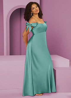 Barbie ♥ Azazie Bridesmaid Dresses Aqua Sheath Off the Shoulder Stretch Satin Convertible Dress image11