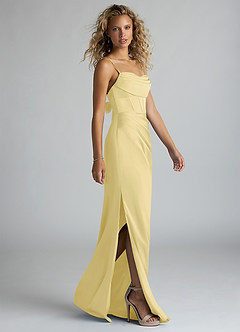 Azazie Mai Bridesmaid Dresses Lemon Sorbet Sheath Pleated Stretch Satin Dress image4