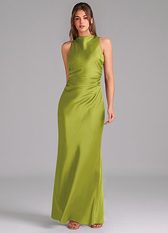 Azazie Evadne Bridesmaid Dresses Lemongrass Sheath Pleated Stretch Satin Dress image3