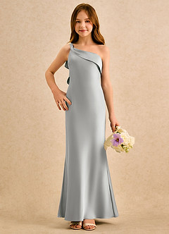 Azazie Almond Girls Formal Robe Demoiselle D'honneur Fillette Robe Fourreau en Satin extensible Une épaule Argent image4