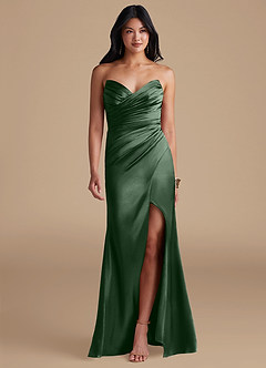 Azazie Yola Bridesmaid Dresses Eucalyptus Sheath Pleated Metallic Satin Dress image1