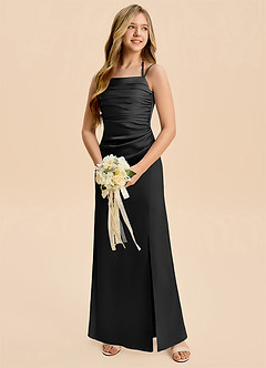 Azazie Nova Junior Black A-Line Pleated Stretch Satin Dress image3
