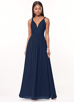 Azazie Maren Robes de demoiselle d'honneur Robe Trapèze en Mousseline de soie Plissée Bleu Marine Foncé image1