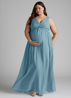Azazie Yetta Maternity Bridesmaid Dresses A-Line V-Neck Gathered Chiffon Floor-Length Dress image7