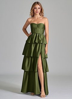 Azazie Faye Bridesmaid Dresses Olive A-Line Ruched Stretch Satin Dress image3