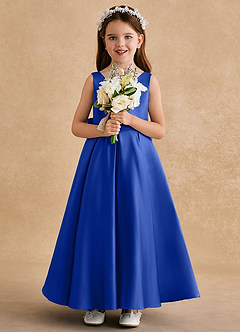 Azazie Honey Bear Flower Girl Dresses Royal Blue A-Line Pleated Matte Satin Dress image3