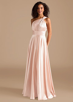 Azazie Charlize Bridesmaid Dresses Rose Gold A-Line One Shoulder Metallic Satin Dress image1