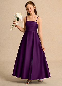 Azazie Pebbles Girls Formal 플라워 걸 드레스 A라인 주름진 매트 새틴 발목 길이 드레스 image1