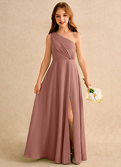 Azazie Puddles Girls Formal 플라워 걸 드레스 A라인 한쪽 어깨 쉬폰 플로어 길이 드레스 image1
