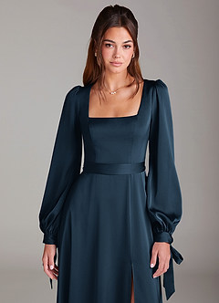Azazie Leonia Bridesmaid Dresses Dark Navy A-Line Long Sleeve Stretch Satin Dress image6