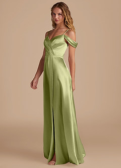 Azazie Ocean Bridesmaid Dresses Pistachio A-Line Off the Shoulder Metallic Satin Dress image4