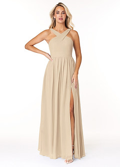 Azazie Elvira At-home Try On Dresses Champagne A-Line Pleated Chiffon Dress image1