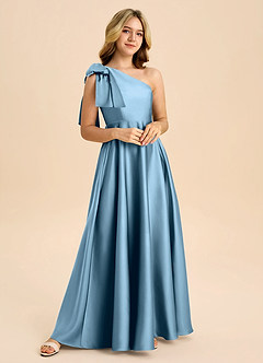 Azazie Penguin Junior Steel Blue A-Line Bow Stretch Satin Dress image4