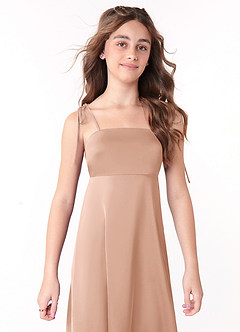 Azazie Violeta Junior Rose Gold A-Line Bow Stretch Satin Dress image4