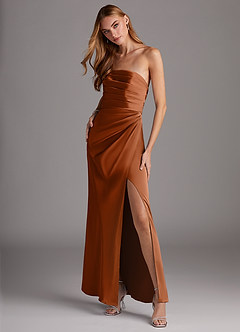 Azazie Lexie Venta Final Vestido de Cobre de Satén Elástico de Corte Recto Convertible con Sin tirantes image4