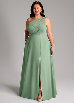 Azazie Phaedra Vestidos de damas de honor Vestido de Matcha de Gasa de Corte en A con Hombro unilateral image10