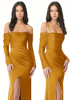 Azazie Hallie Vestidos de damas de honor Vestido de Caramelo de Satén Elástico de Corte Recto Convertible con Manga larga con hombros descubiertos image9