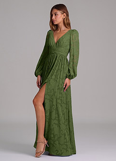Azazie Norah Final Sale Olive A-Line Long Sleeve Floral Burnout Dress image3