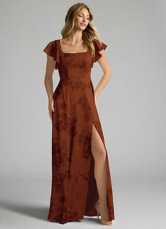 Azazie Bondi Bridesmaid Dresses Burnt Orange Floral A-Line Bow Stretch Satin Dress image2