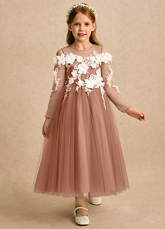 Azazie Lilah Flower Girl Dresses Bronzer A-Line Lace Tulle Dress image1