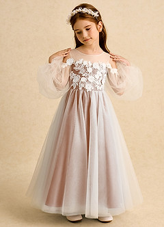 Azazie Zimi vestidos de niña de las flores Vestido de Champán Rosado de Tul de Princesa con Escote de Corazón image3