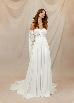 Azazie Rhya Wedding Dresses Diamond White Champagne A-Line Off the Shoulder Lace Dress image3