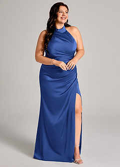 Azazie Jemma Robes de demoiselle d'honneur Robe Fourreau en Satin extensible Plissée Bleu Roi image11