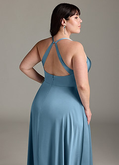 Azazie Davis Vestidos de damas de honor Vestido de Azul Acero de Satén Elástico de Corte en A con Plisado image12