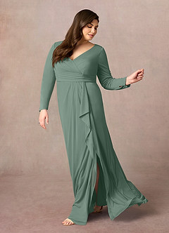 Azazie Risa Mother of the Bride Dresses Eucalyptus Mermaid V-Neck Pleated Mesh Dress image7