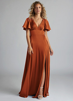 Azazie Kimber Bridesmaid Dresses Cinnamon A-Line Ruched Stretch Satin Dress image3