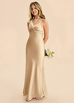 Azazie Hati Junior Champagne Mermaid Stretch Satin Dress image1