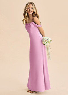 Azazie Lettie Junior Candy Pink A-Line Off the Shoulder Stretch Satin Dress image1