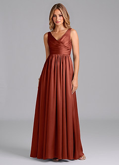 Azazie Keyla Bridesmaid Dresses Terracotta A-Line Pleated Stretch Satin Dress image1