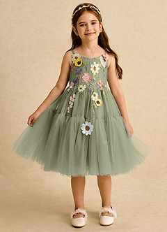 Azazie Osea Flower Girl Dresses Pistachio Ball-Gown Pleated Tulle Dress image6