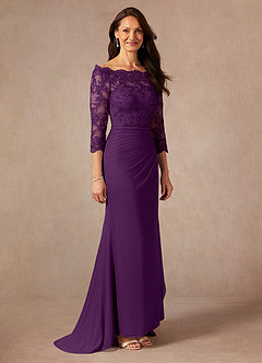 Azazie Rhonda Mother of the Bride Dresses Grape Mermaid Off the Shoulder Mesh Dress image6