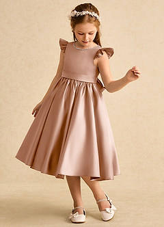 Azazie Dumpling Flower Girl Dresses Champagne Rose A-Line Bow Matte Satin Dress image4