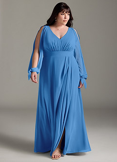 Azazie Matilda Robes de demoiselle d'honneur Robe Trapèze en Mousseline de soie Manche longue Geai Bleu image14
