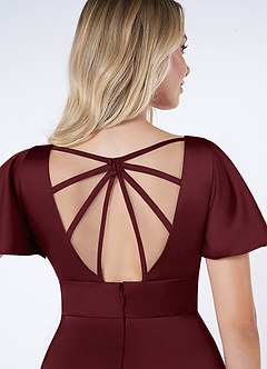 Azazie Lani Bridesmaid Dresses Cabernet A-Line Flounce Sleeve Stretch Satin Dress image3